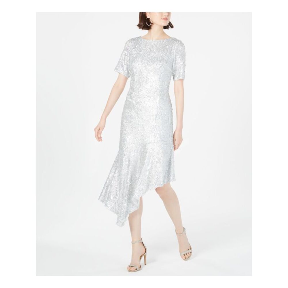 ADRIANNA PAPELL Womens Nylon Short Sleeve Jewel Neck Midi Party Sheath Dress